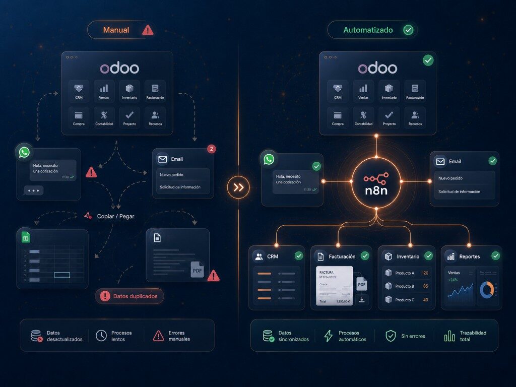 Comparativa entre proceso manual y flujo automatizado con Odoo y n8n