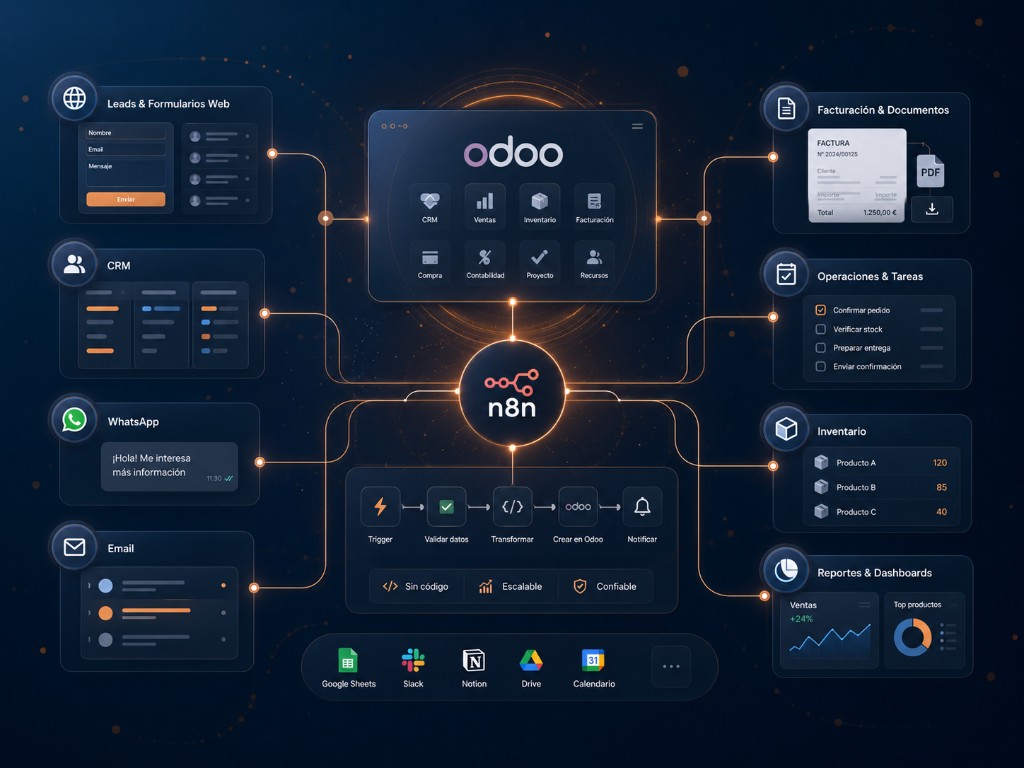 Ecosistema conectado de Odoo con n8n y herramientas de empresa