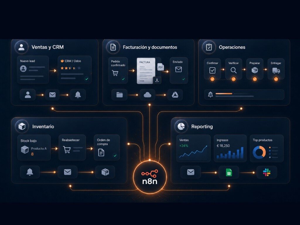 Mapa visual de procesos que puedes automatizar en Odoo con n8n