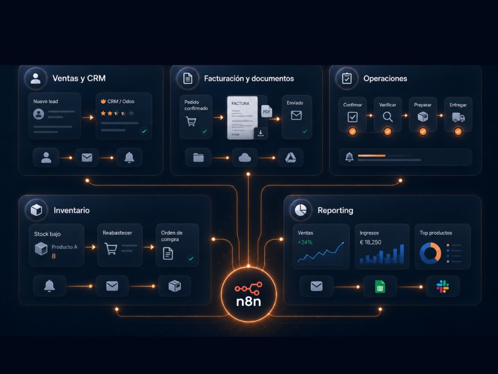 Mapa visual de procesos que puedes automatizar en Odoo con n8n
